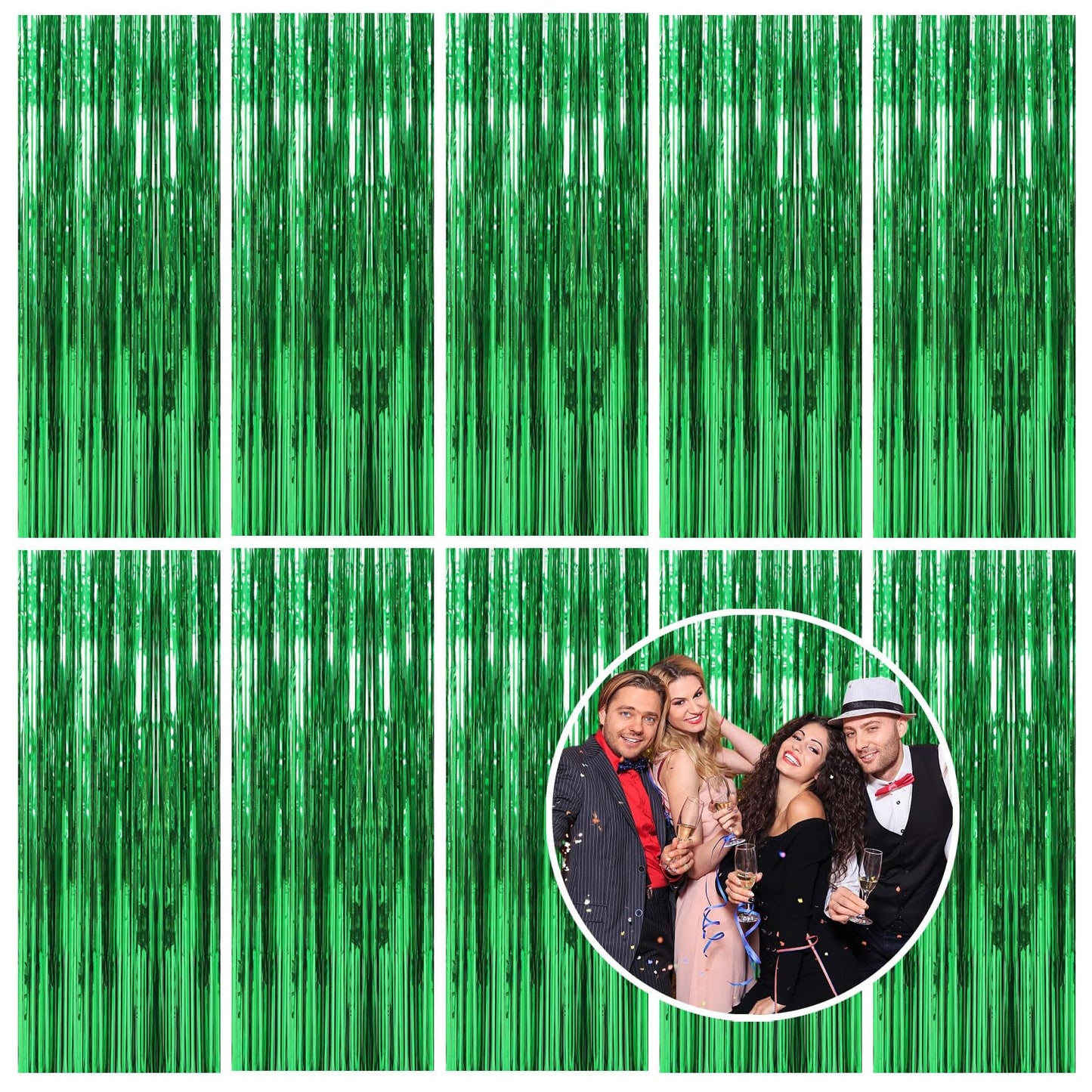 10 Pack Foil Curtain Backdrop Green Metallic Tinsel Foil Fringe Curtains Photo Booth Props for Birthday Wedding Engagement Baby Shower Bachelorette Christmas Holiday Celebration Party