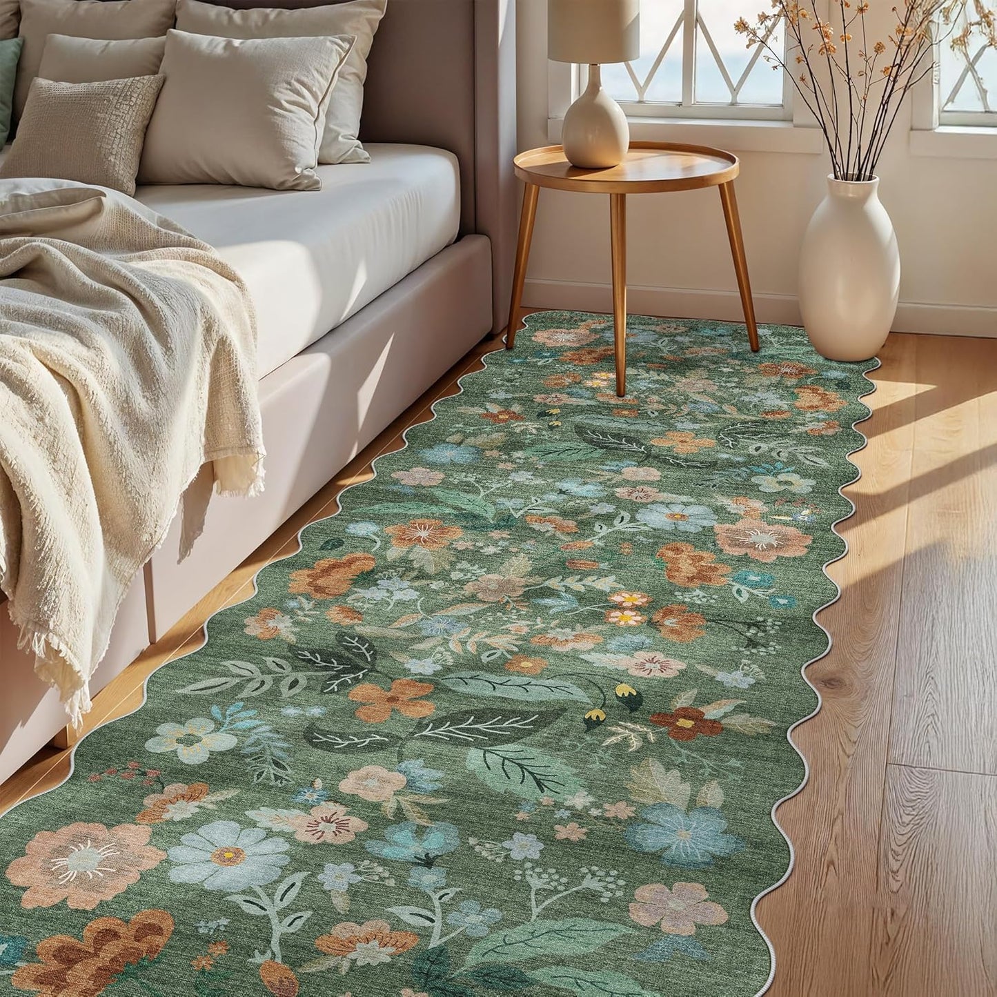 Skiennix Washable 3x10 Hallway Runner Rug - Floral Scalloped Soft Non-Slip Mat for Entryway, Kitchen & Nursery