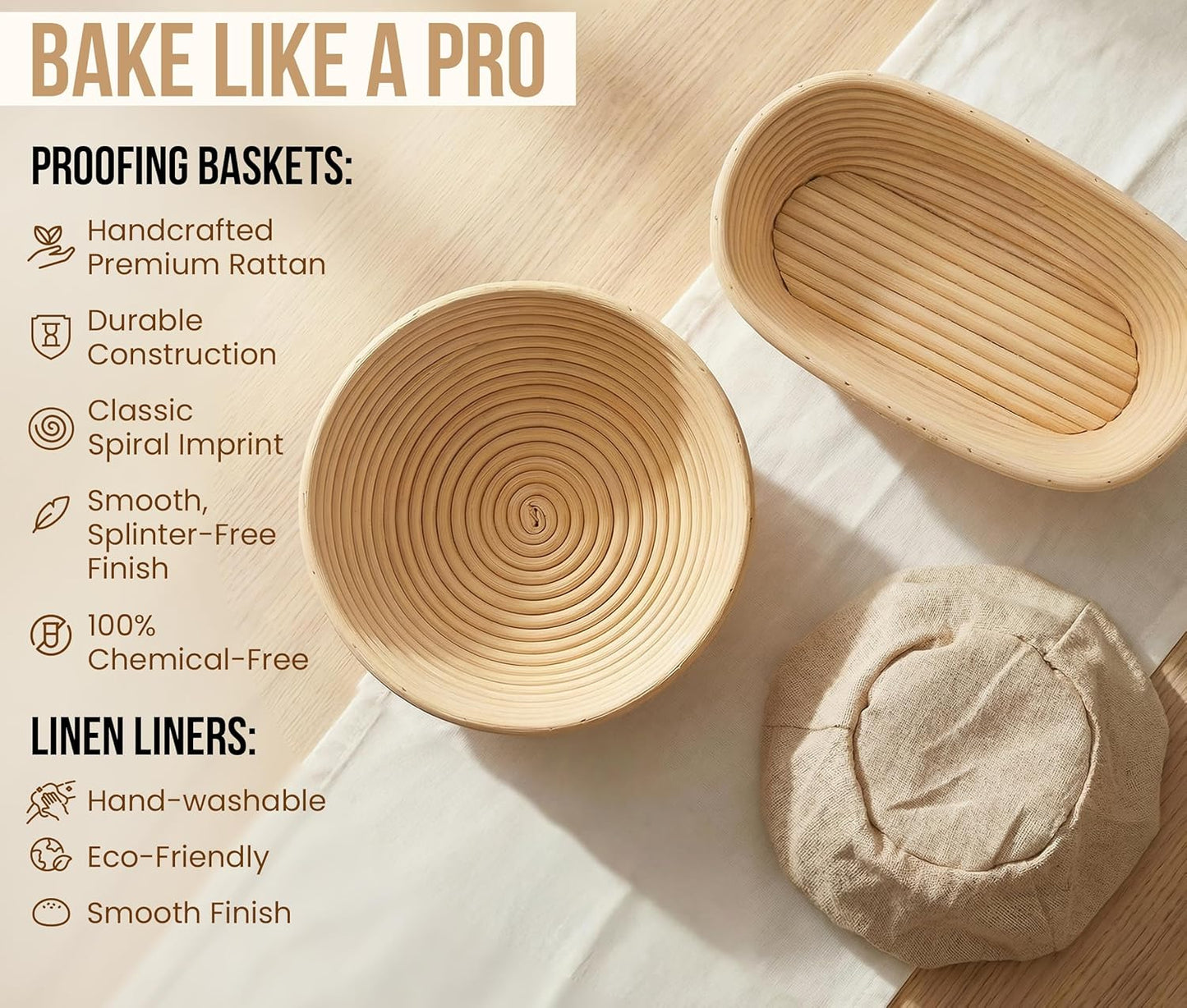 Kook Banneton Bread Proofing Set - Artisan Sourdough Kit with Rattan Baskets & Accessories | Set of 2