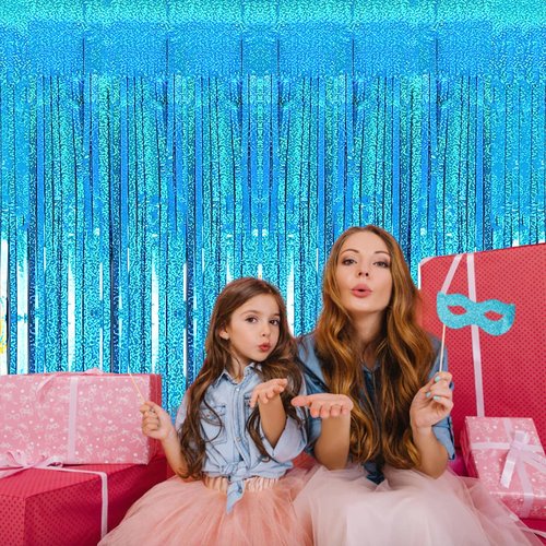 2 Pack 3.2ft x 8.2ft Blue Foil Fringe Curtains Photo Backdrop Party Decorations, Metallic Tinsel Foil Fringe Streamer Curtain for Party Door Wall Curtain Bachelorette Christmas New Year Decorations