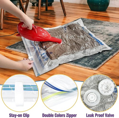 HIBAG Vacuum Storage Bags - 10-Pack Space Saver Bags for Clothing | Includes 2 Jumbo, 2 Large, 2 Medium, 2 Small, 2 Roll-Up with Pump