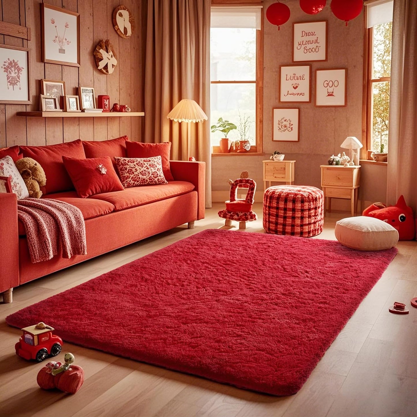 Ophanie Red Area Rug - Plush Soft Shaggy Carpet for Bedroom & Living Room | 4x6 Size, Perfect for Kids & Nursery Decor
