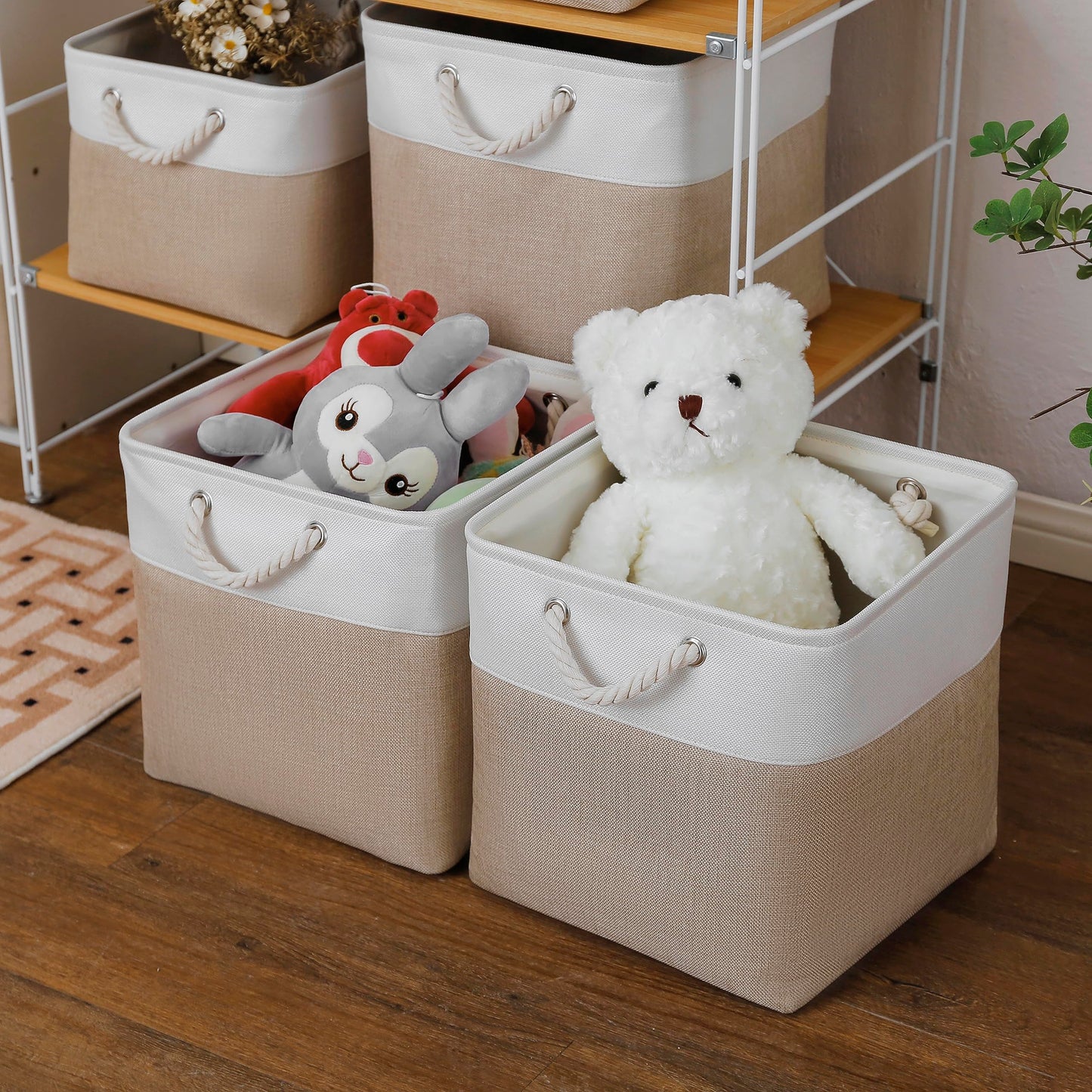 MidmmVick 13 x 13 Inch Cube Storage Bins, 4 Pack Large Collapsible Fabric Storage Bin with Ropes, Foldable Storage Cubes for Home, Office,Closet, Clothes, Toys Organizer (White & Beige)