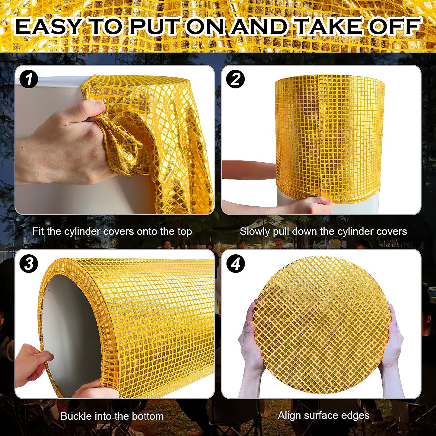 SaitiMade Set of 3 Gold Cylinder Pedestal Stand Covers, 3pcs Spandex Disco Cylinder Stand Covers for Party, Wedding or Birthday Event Decor (Only Contains Cylinder Covers)