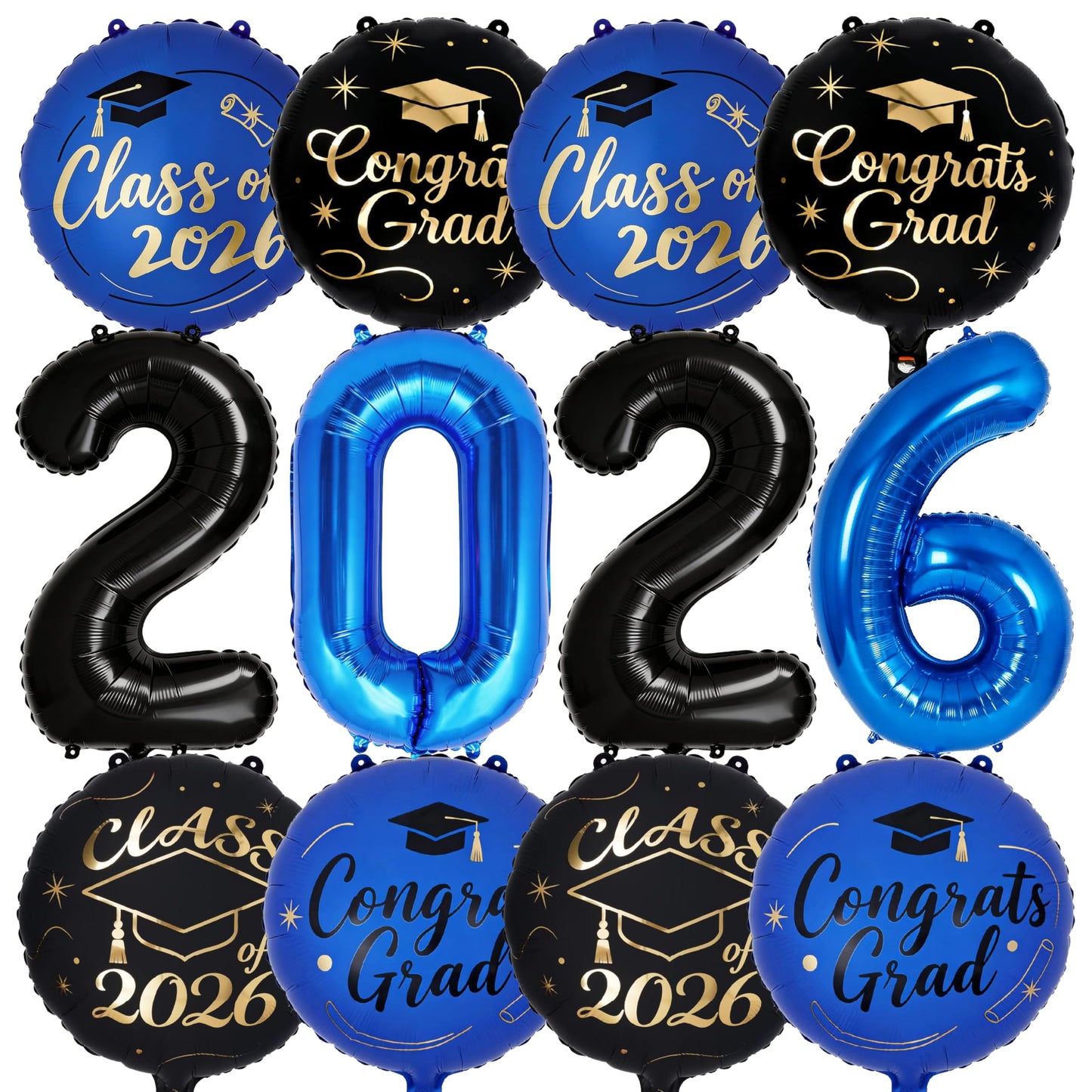 PartyWoo Graduation Balloons Class of 2026 Black Blue Gold 12pcs Balloons 40 Inch 2026 Foil Number Balloons 18 Inch Congrats Grad Mylar Balloons for Black Blue Graduation Decorations Party Supplies
