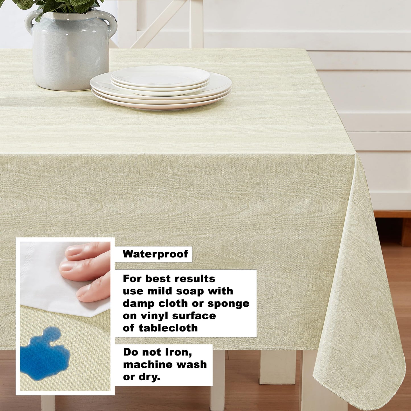 Newbridge Vinyl Flannel Backed Tablecloth, 60 x 84 Inch Rectangle, Beige Moire Wavy Solid Design, Heavyweight Indoor Outdoor Waterproof Table Cover, Easy Care Wipe Clean