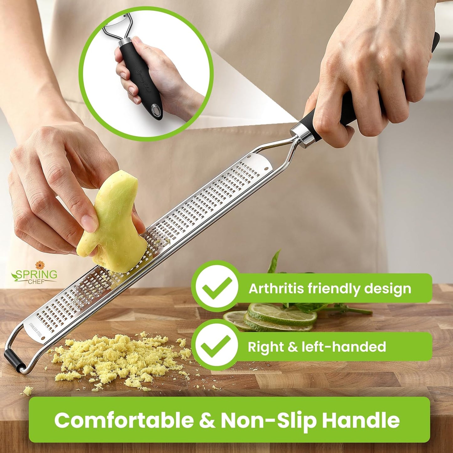 Spring Chef Stainless Steel Lemon Zester Grater - Heavy Duty Citrus Tool with Handle & Blade Cover - Black