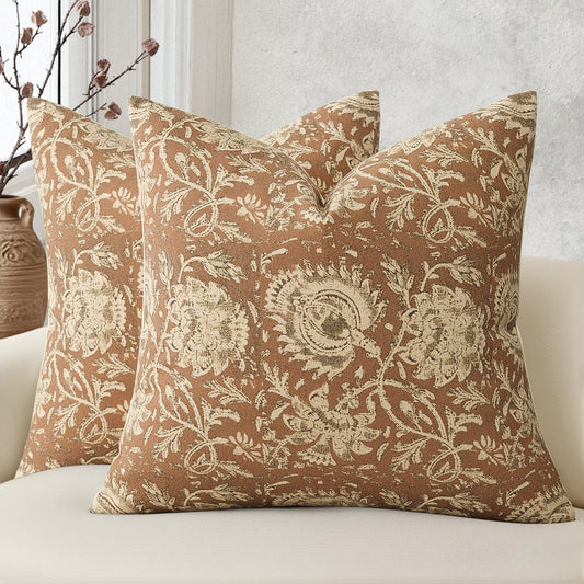 DKwizme Vintage Floral Print Throw Pillow Covers 20x20 Set of 2 Neutral Modern Farmhouse Pillowcases Accent Decorative Cushion Covers Boho Home Decor for Couch Sofa Chair Bed Living Room, Cognac
