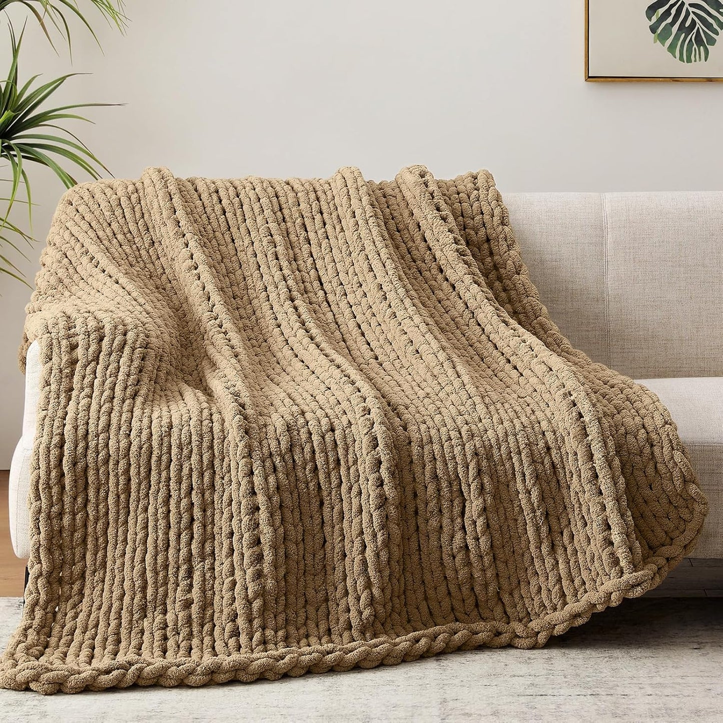 Negwoo Chunky Knit Throw Blanket - Handmade Light Brown Chenille Yarn | 40'' x 50'' Cozy Decor