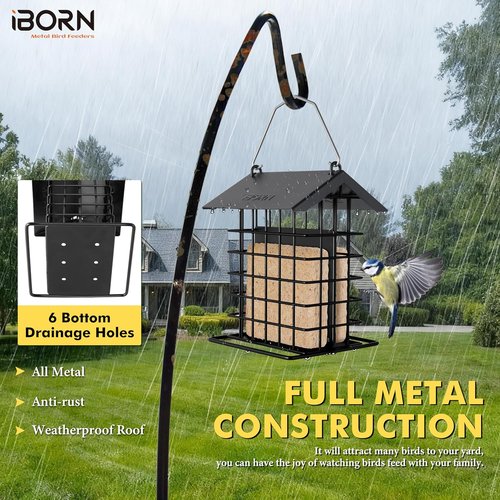iBorn Suet Feeder - Squirrel-Proof Hanging Bird Feeder with Weatherproof Metal Roof | Black, 1 Pack