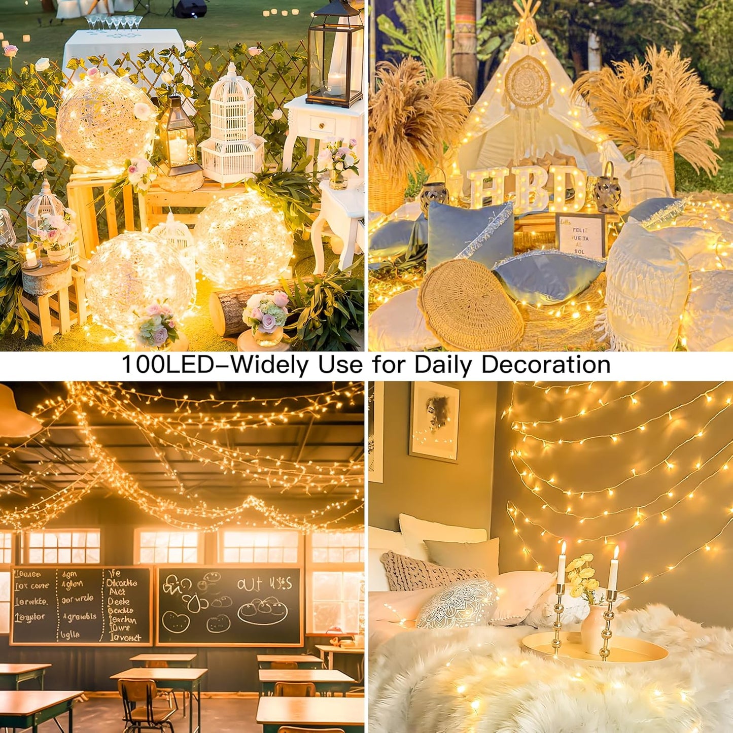 Skiennix 33FT 100 LED Fairy String Lights - Waterproof Indoor/Outdoor Twinkle Lights | 8 Modes for Bedroom, Patio, Garden Decor (Warm White)