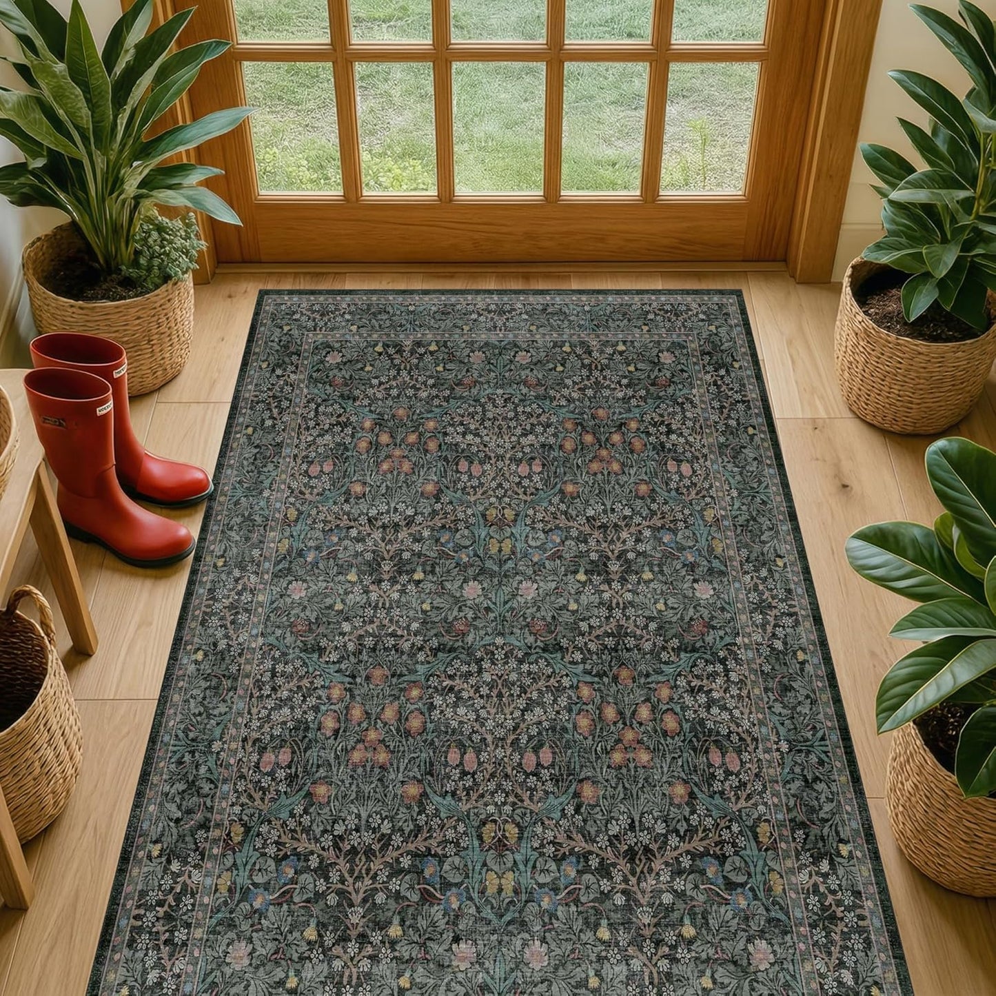 Vintage Floral Area Rug - Dark Green 3x5 Non-Slip, Ultra Soft & Stain Resistant for Entryway, Kitchen, Bedroom