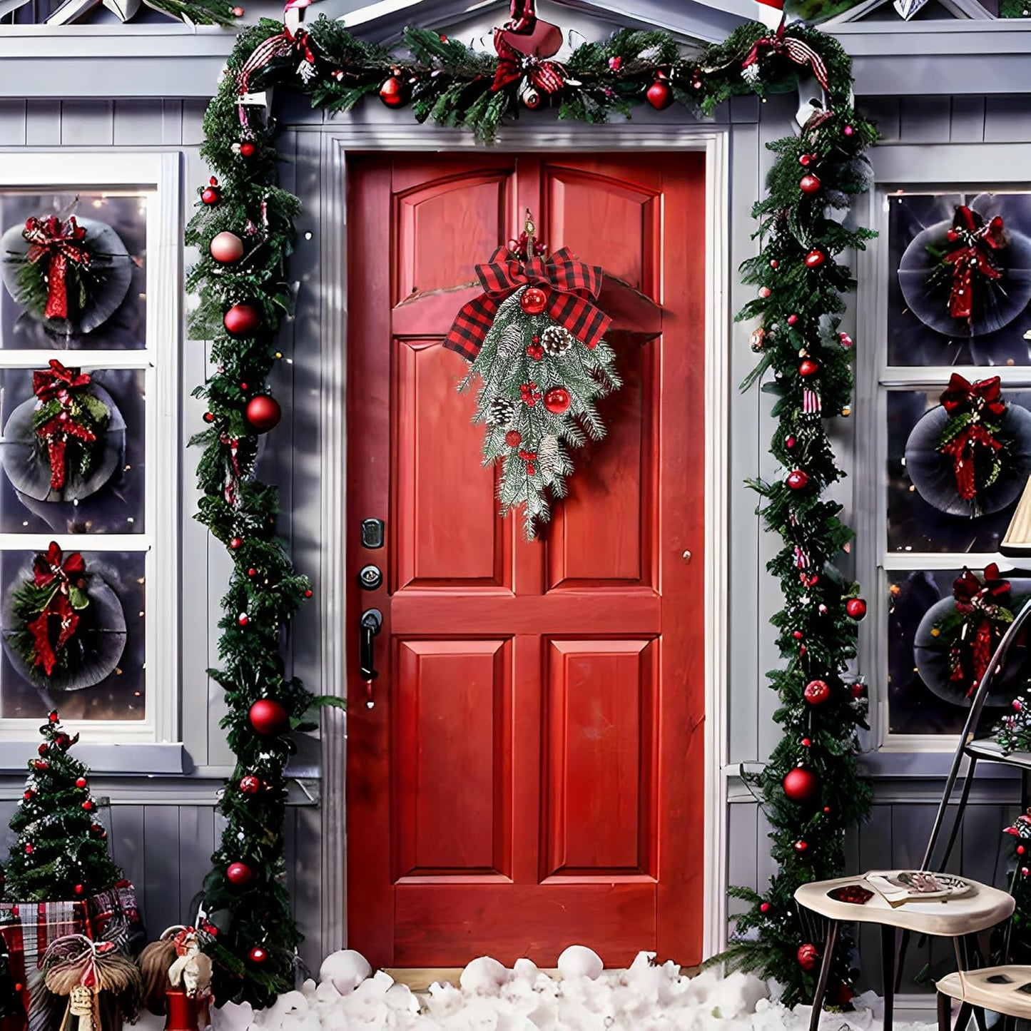 Regine Switzerland Christmas Swag | Teardrop Pine Cone Garland with Red Bow | Indoor/Outdoor Decor
