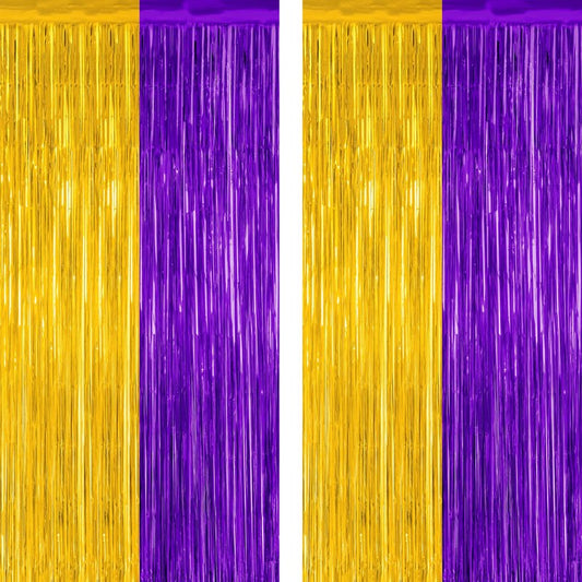 2 Pack Graduation Backdrop, 3.28 FT x 7.05 FT Grad Party Decorations 2026, Purple Gold Backdrop Foil Fringe Curtains, Metallic Purple and Gold Graduation Decorations Class of 2026 Decor
