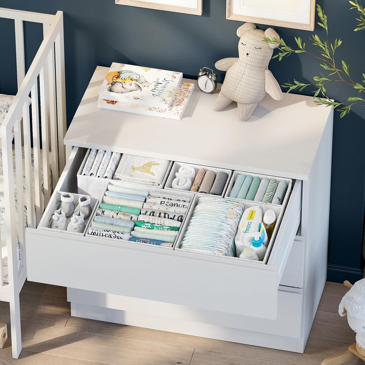 Skiennix Drawer Organizer Set of 12 - White-Grey Dresser Storage for Nursery & Bedroom Organization