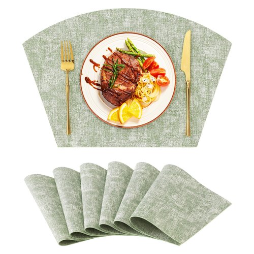 Homaxy Round Table Placemats Set of 6, Washable Wedge Shaped Faux Leather Table Mats, Wipeable Kitchen Dinner Place Mats for Indoor Outdoor, Grass Green
