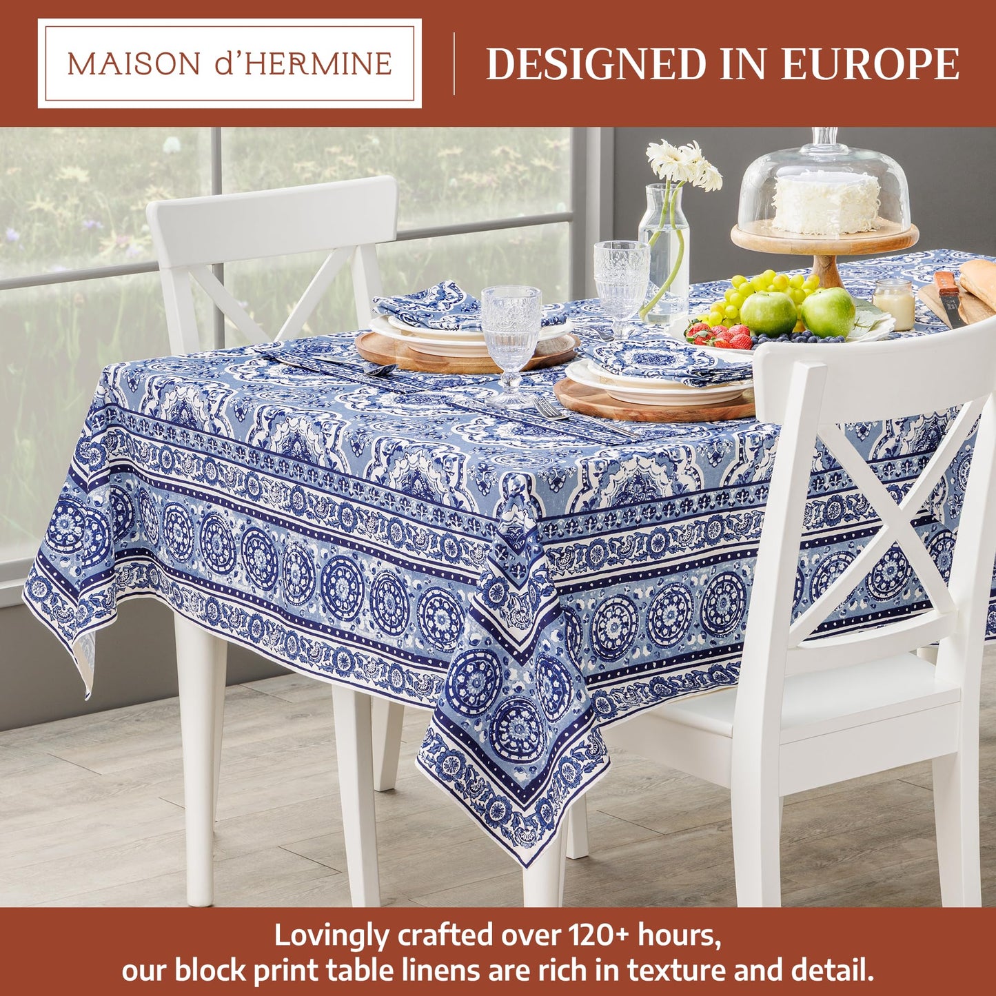 Maison d' Hermine Table Cloth Rectangle Table 100% Cotton 54 x 72 Inches Tablecloth Reusable Decorative for Dining Kitchen Room Farmhouse Party Home Hotel Restaurant Spring Summer - Melodie Bleue
