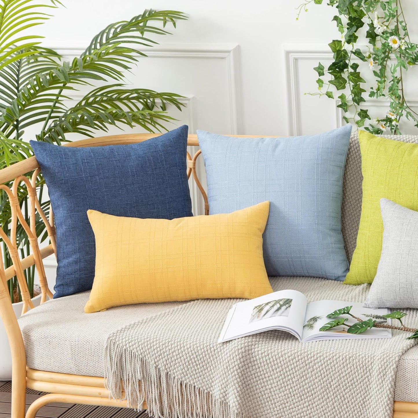 UGASA Outdoor Throw Pillow Covers - Waterproof Plaid Texture | Decorative Lumbar Cushions, 12x20 Inch, Yellow (Pack of 2)