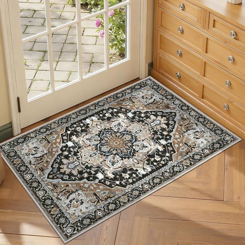 Black Washable Entry Rug by [Brand Name] - Non-Slip Rubber Backing | Stain & Fade Resistant, 2x3 Size