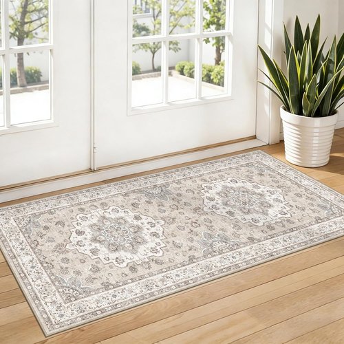 Entryway 2x4 Washable Area Rug - Oriental Stain Resistant Non-Slip Soft Floor Mat | Beige