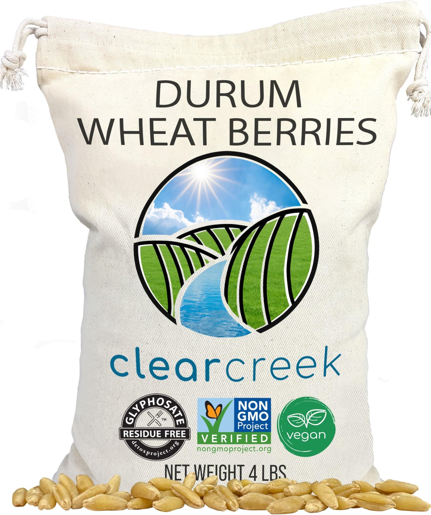 Clear Creek Certified Glyphosate Residue Free Durum Wheat Berries | 4 LBS | Whole Grains | Used to mill to Semolina Pasta Flour | North American Grown