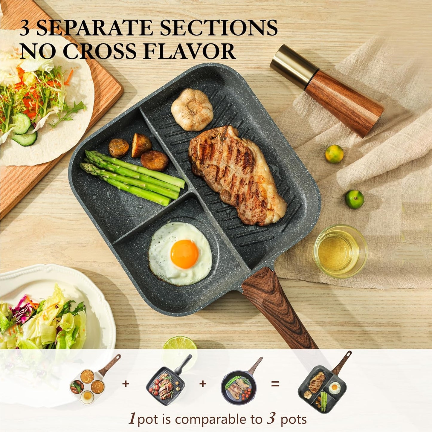 Sensarte Nonstick 11-Inch Square Grill Pan - Versatile 3-Section Breakfast Skillet | Induction & Gas Compatible