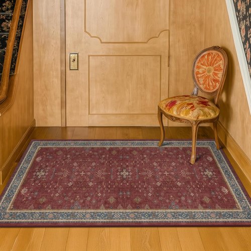 **Regine Switzerland Burgundy Washable Area Rug - Non-Slip, Stain & Fade Resistant | 2x3 ft Boho Design**