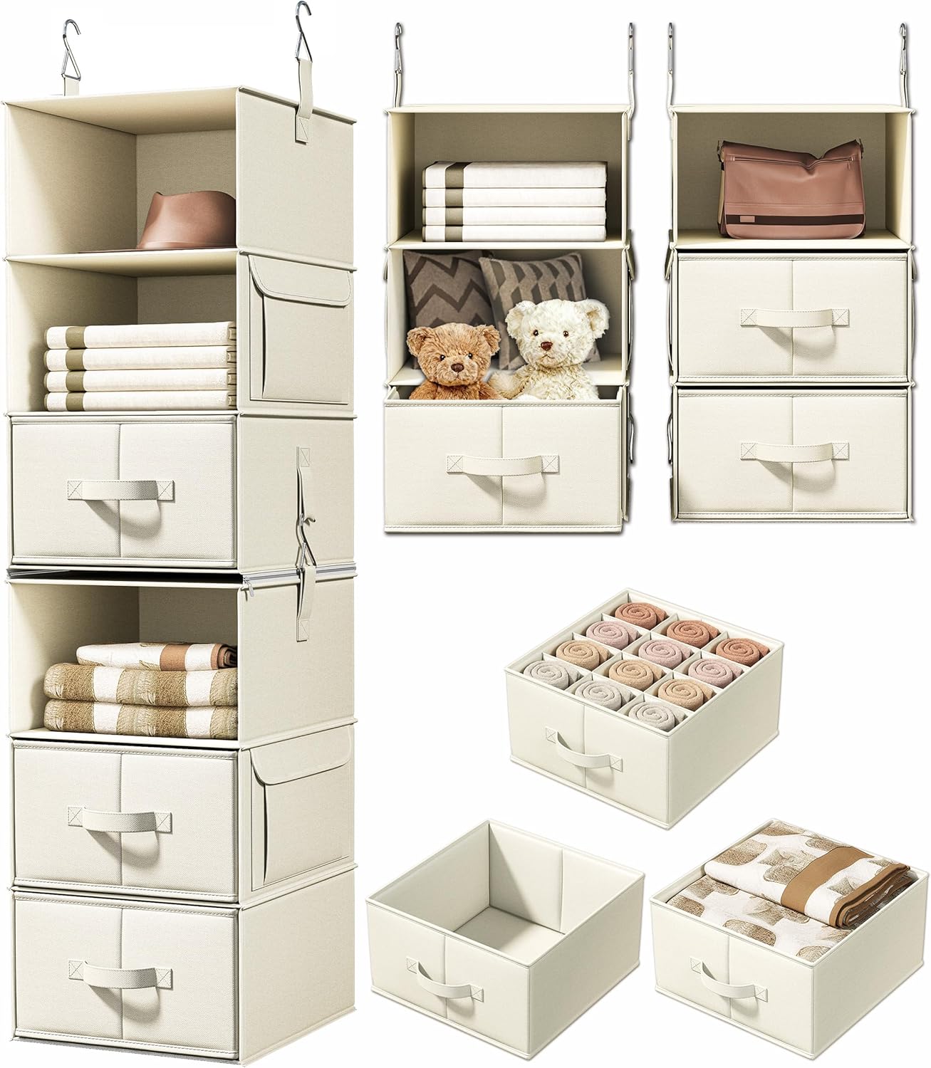 Vailando 6-Shelf Hanging Closet Organizer - 3 Drawers & 2 Separable Units | Beige Wardrobe Storage Solution