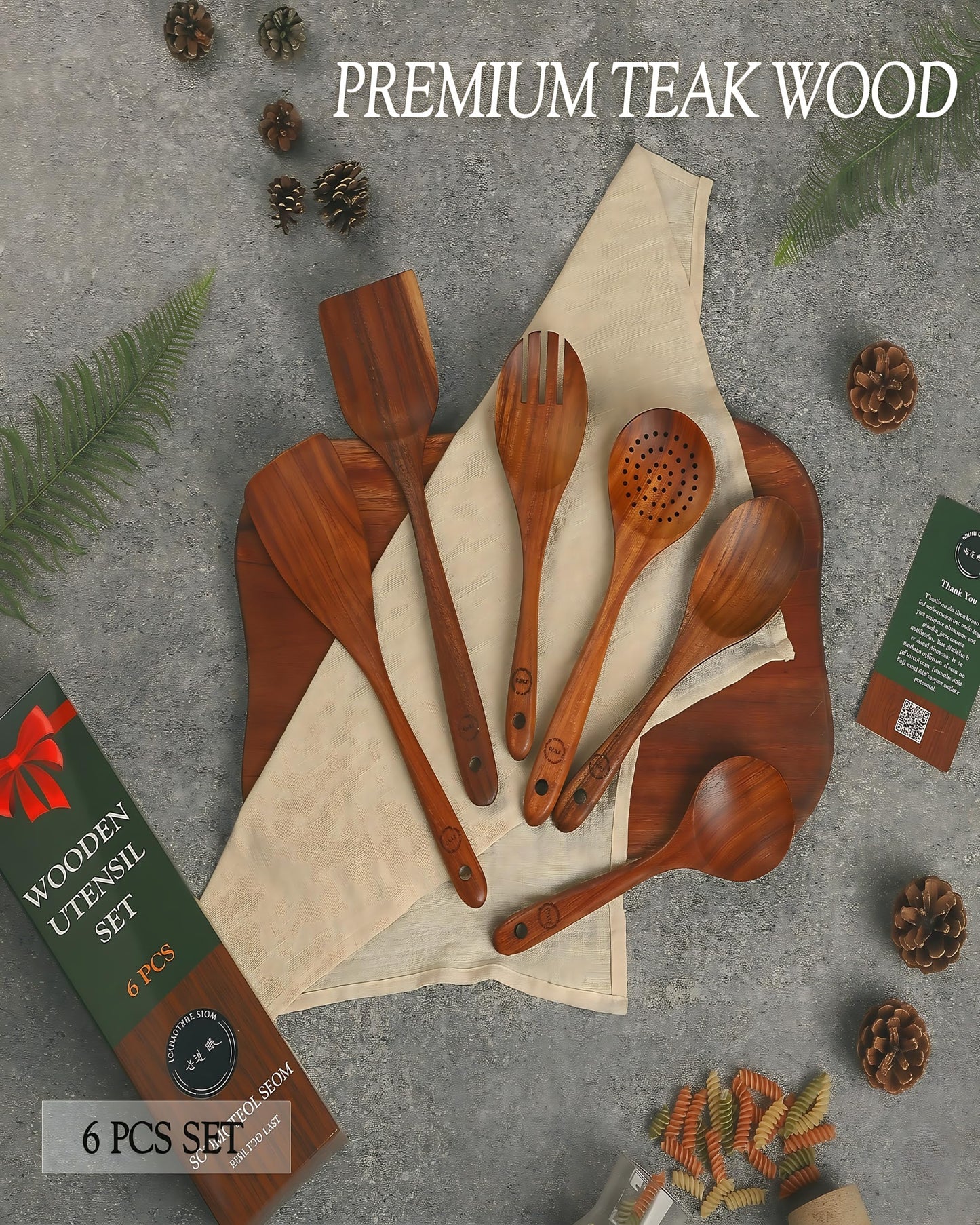 6-Piece Natural Teak Wood Utensil Set - Compact Nonstick Cooking Spoons & Spatulas, Durable Wooden Tools