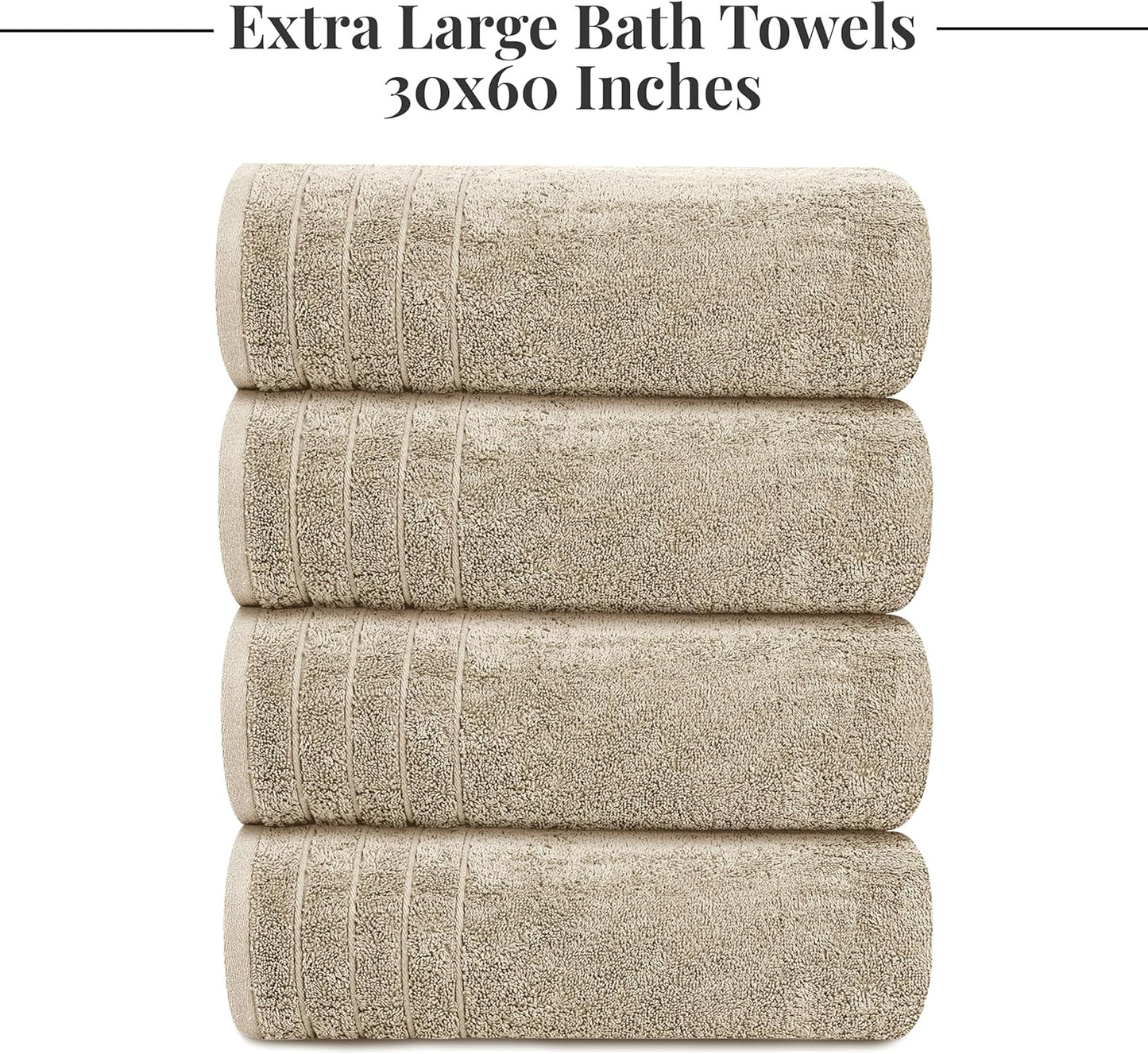 Tens Towels Extra Large Bath Towels - 100% Cotton, Super Soft & Absorbent | 30 x 60 Inches, Beige - Pack of 4