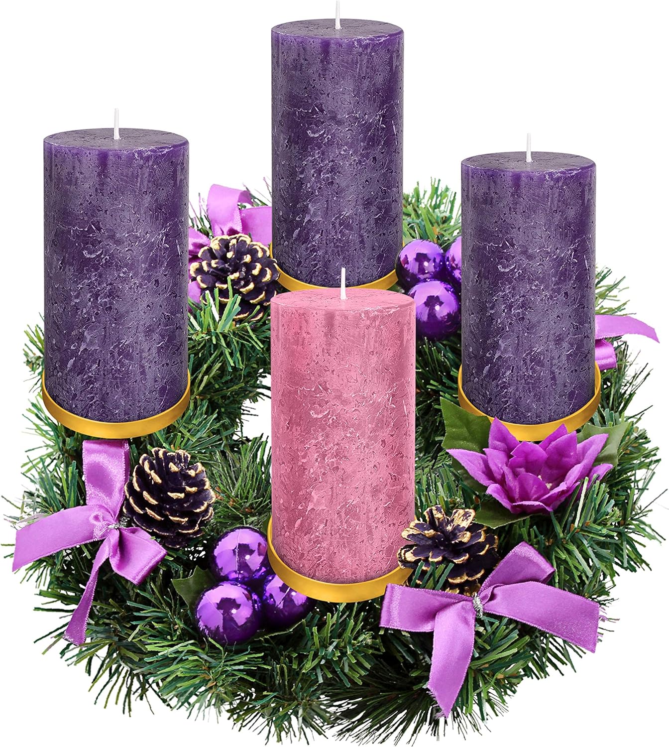 Purple Ribbon Advent Wreath Ring | Large Candle Holder for Pillar Candles - Perfect Christmas Decor