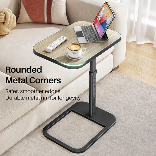 Driftwood Grey TV Tray Table - Adjustable Height & Rounded Metal Corners | C-Shaped Snack Table for Small Spaces