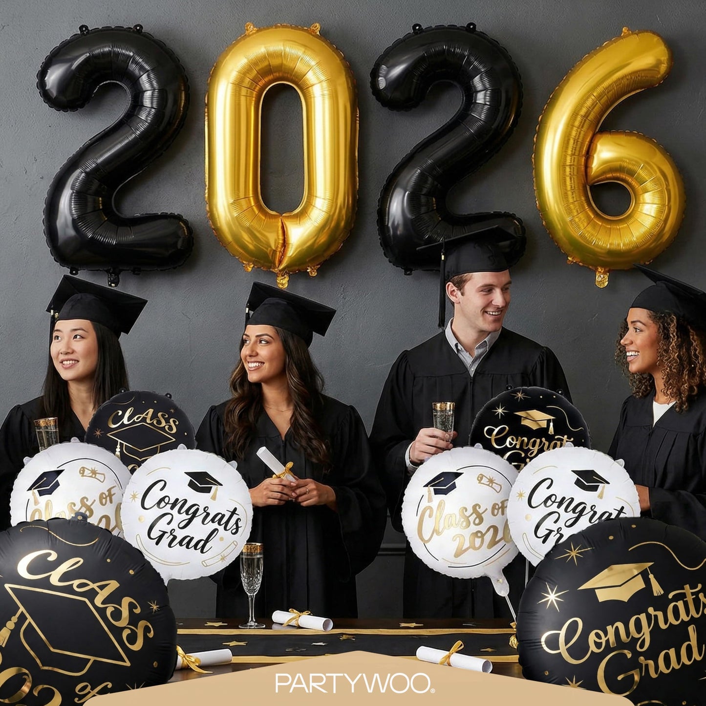 PartyWoo Graduation Balloons Class of 2026 Black White Gold 12pcs Balloons 40 Inch 2026 Foil Number Balloons 18 Inch Congrats Grad Mylar Balloons for Black White Graduation Decorations Party Supplies