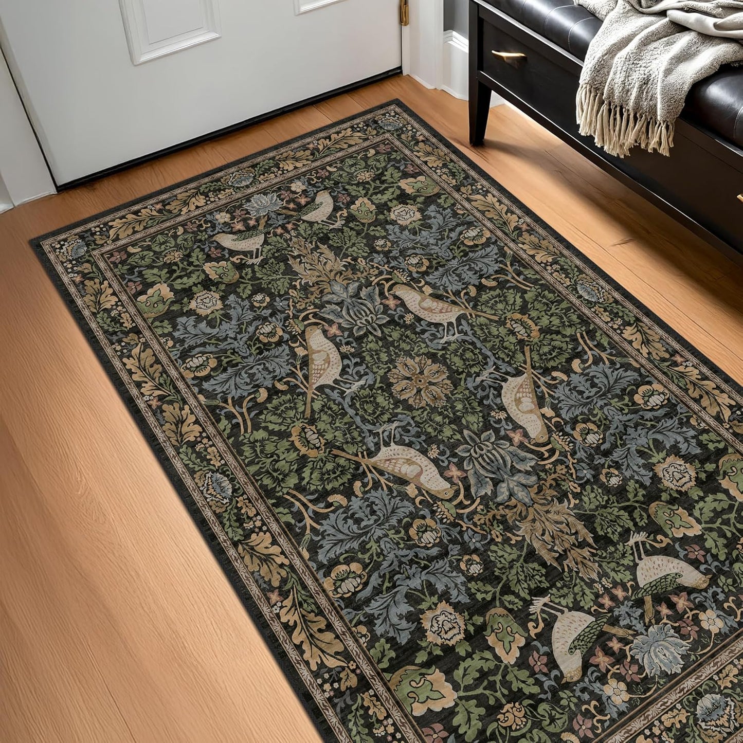 Skiennix Large Entryway Rugs - 3x5 Washable Indoor Mat with Moody Woodland Flowers | Non-Slip, Stain Resistant