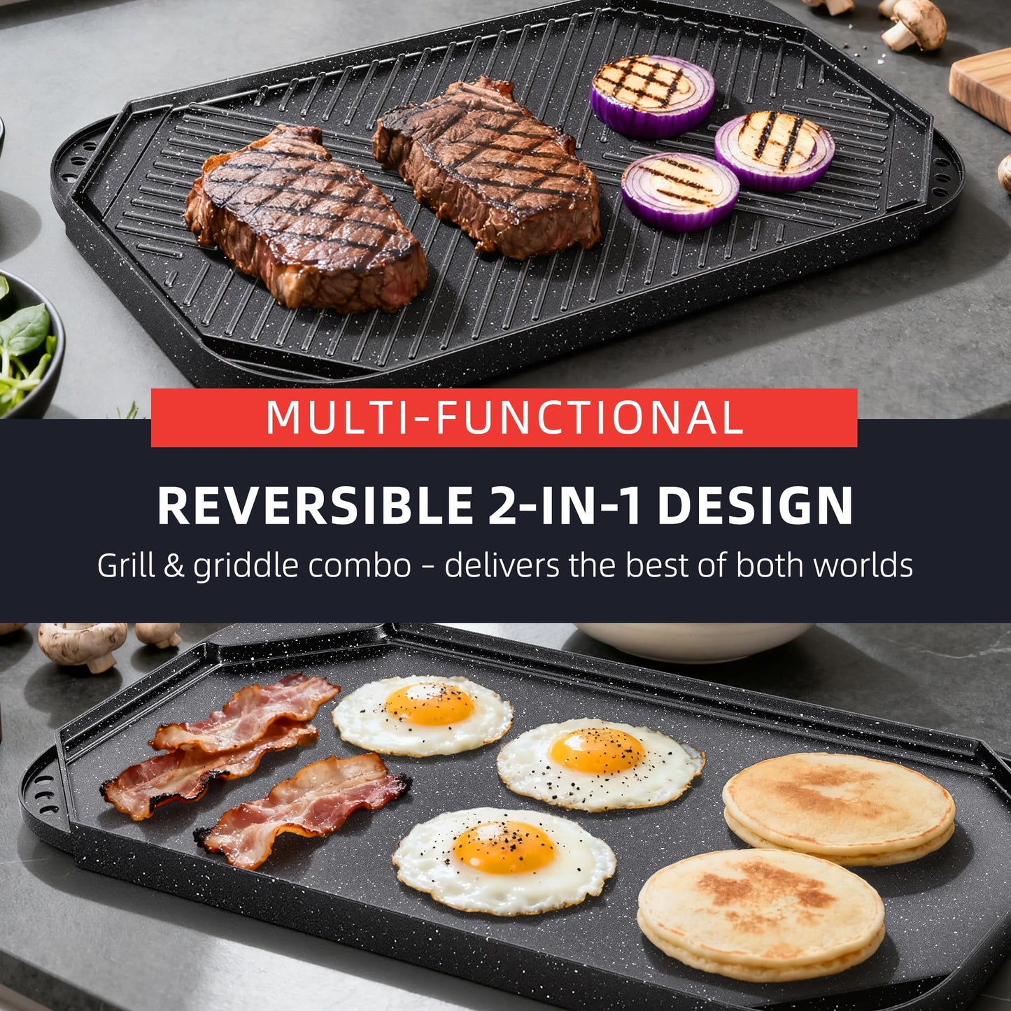 Caannasweis Nonstick Griddle Grill Pan, 19.5" x 11" Reversible Griddle Pan for Stove Top, Grill, or Campfire, Two Burner Cast Aluminum Grill, Rectangular Baking Flat and Ribbed Griddle Plate