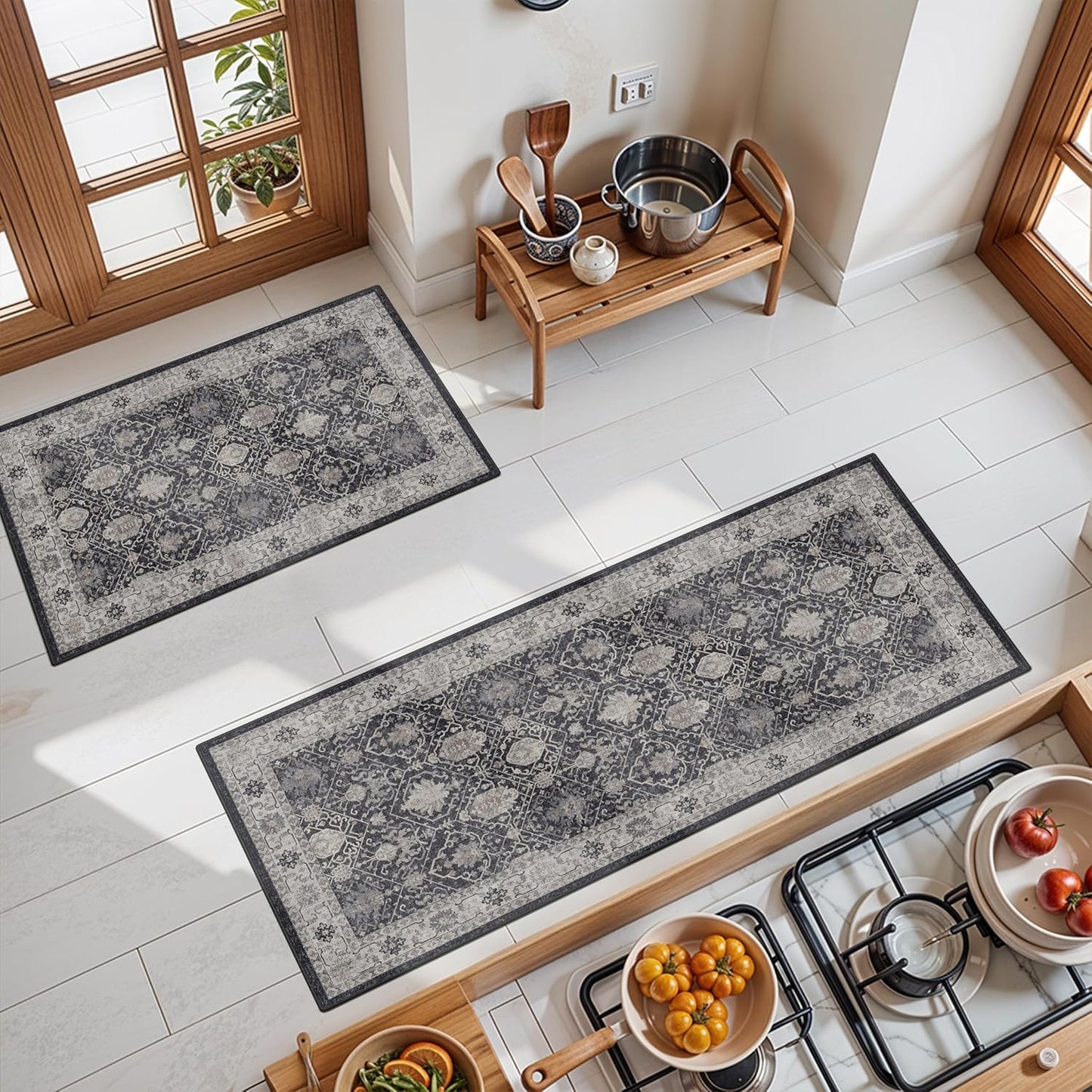 Skiennix Kitchen Sink Rugs Set of 2 - Washable Non-Slip Mats for High Traffic Areas | Black 2x3 & 2x4