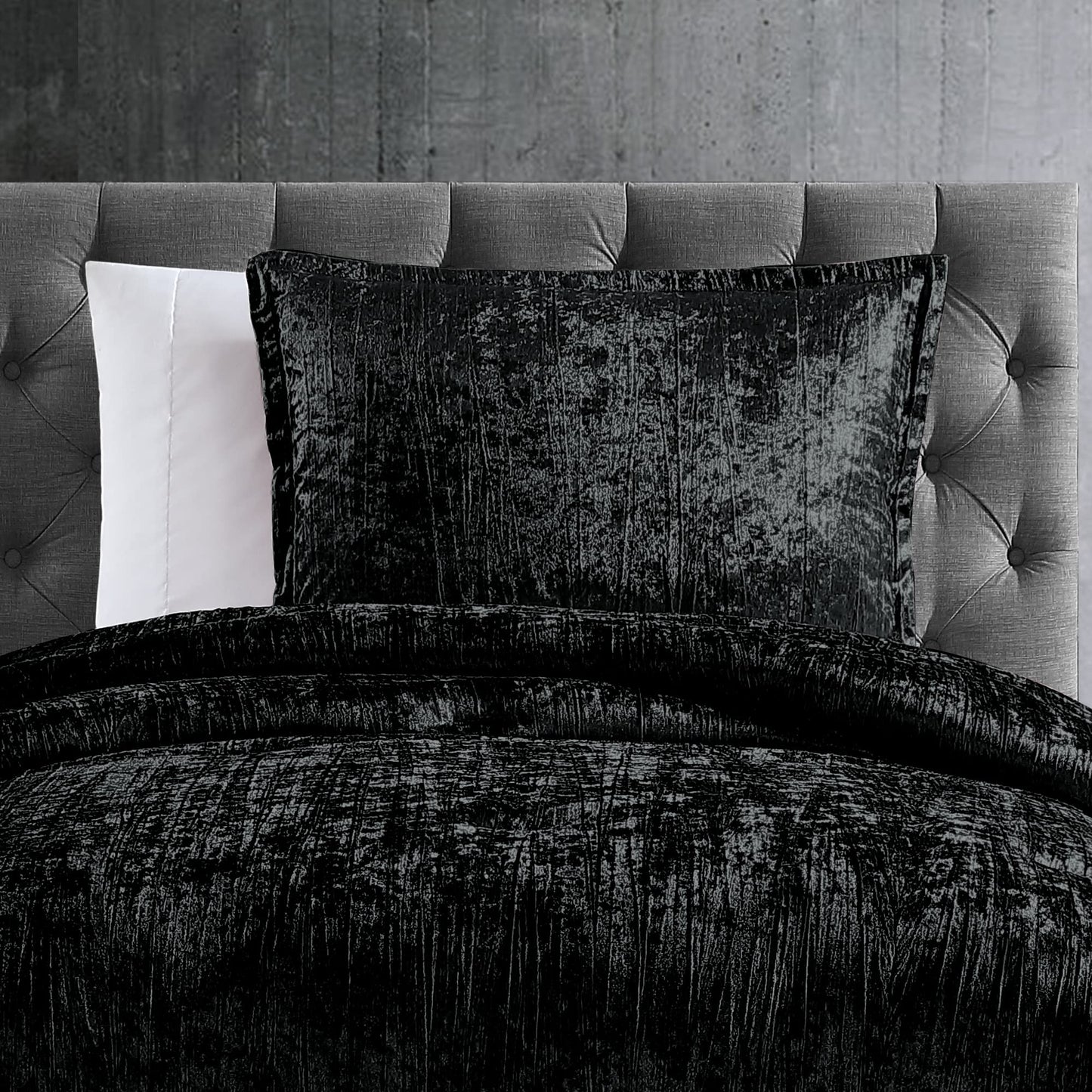 Riverbrook Home Turin Crinkle Velvet Comforter Bedding Set, Twin Size, Glam Textured Décor, Black, 2 Pieces