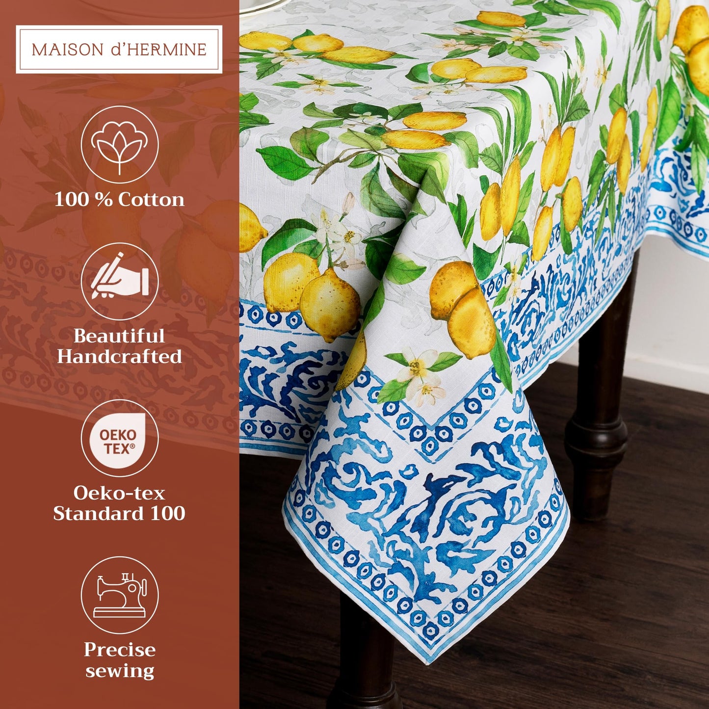 Maison d' Hermine Table Cloth Rectangle Table 100% Cotton 60 x 90 Inches Tablecloth Reusable Decorative for Dining Kitchen Room Farmhouse Home Gifts for Mothers Day Spring Summer - Cedrat