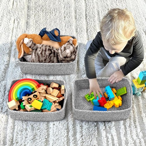 Goodpick Storage Baskets - Small Woven Rope Organizers for Nursery | 3-Pack in White & Gray, 11 x 7 x 4.5 in
