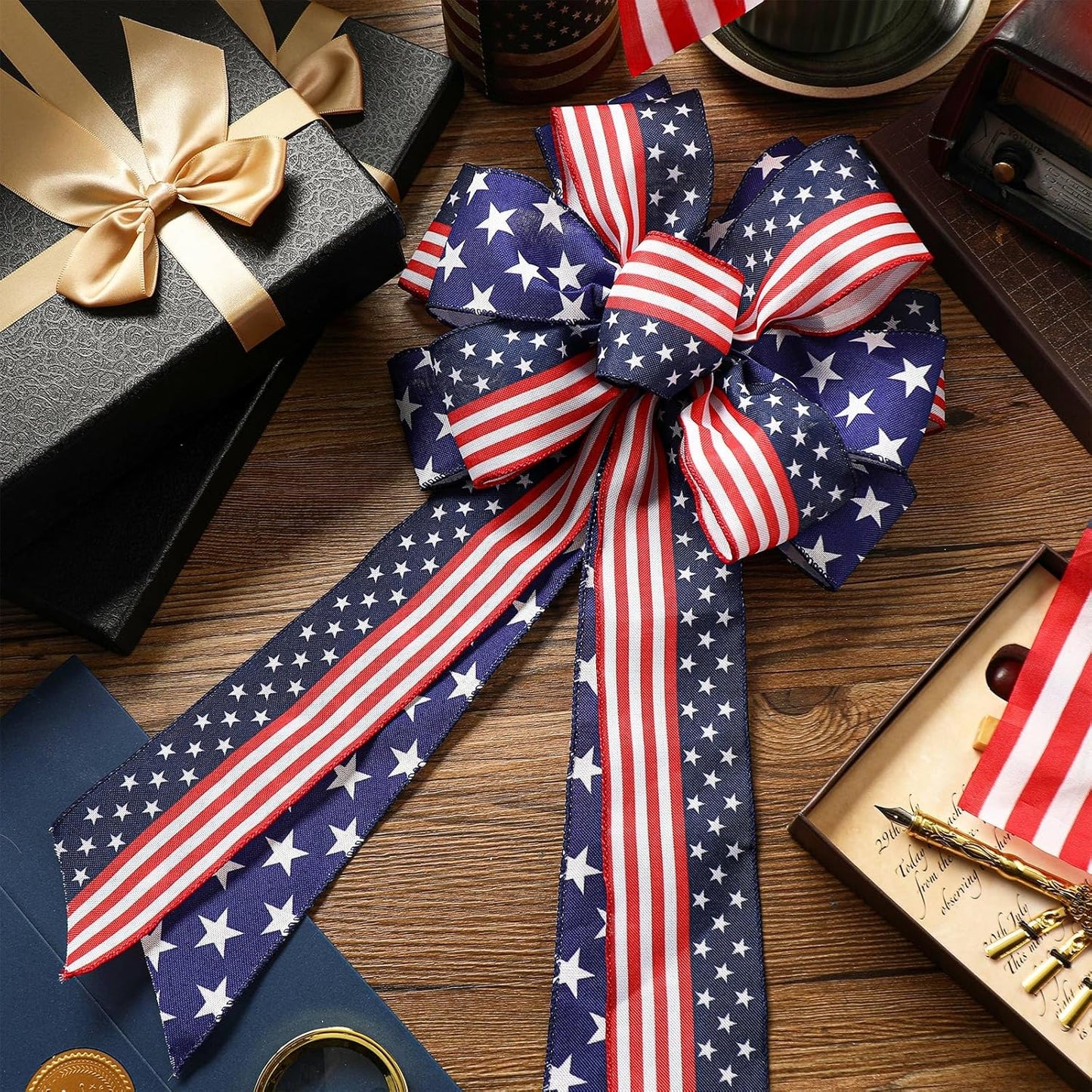 Riceshoot Patriotic Burlap Bows - 4th of July Tree Topper | USA Red, White & Blue Stars - 2 Pcs Set