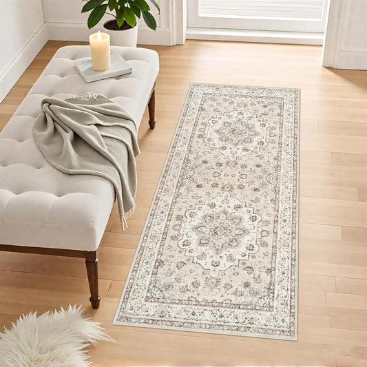 Oriental 2x5 Washable Runner Rug by [Brand Name] - Non-Slip Vintage Carpet for Entryway & Living Room (Cream/Beige)