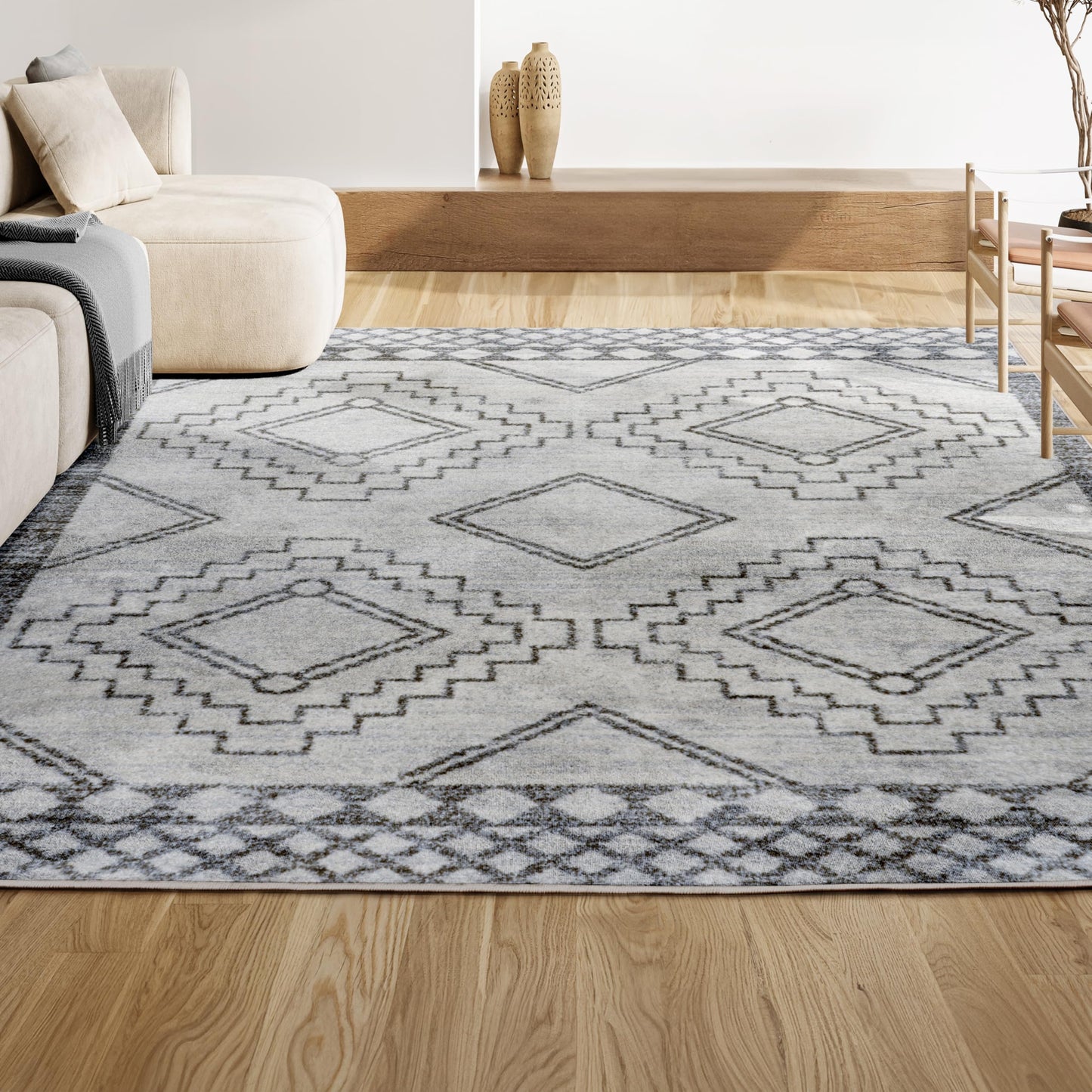 JONATHAN Y MOH200B-5 Amir Moroccan Beni Souk Indoor Area-Rug Bohemian Farmhouse Rustic Geometric Easy-Cleaning Bedroom Kitchen Living Room Non Shedding, 5 X 8, Cream,Gray