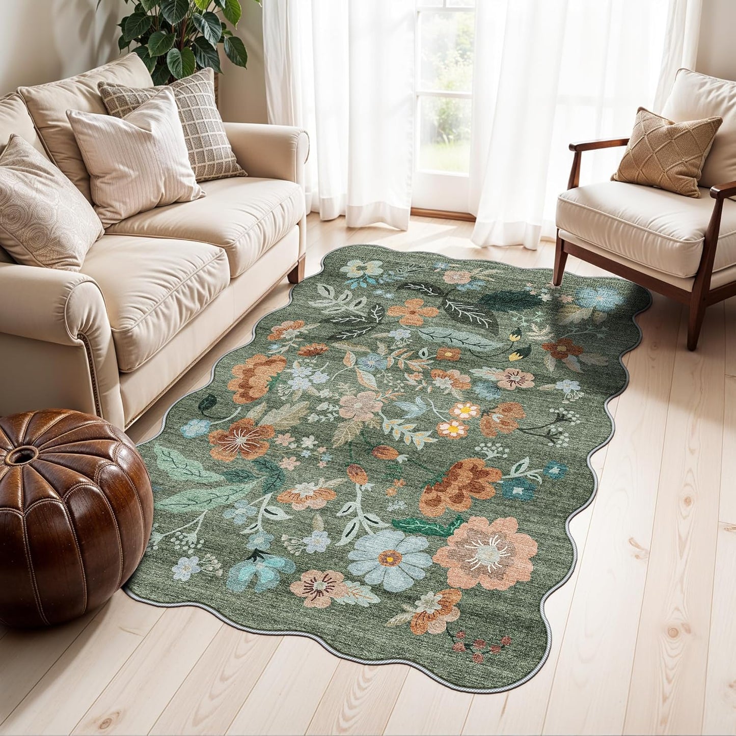 Skiennix Washable 3x5 Entryway Area Rug - Ultra Soft Low Pile Carpet with Non-Slip Backing | Floral Green Design