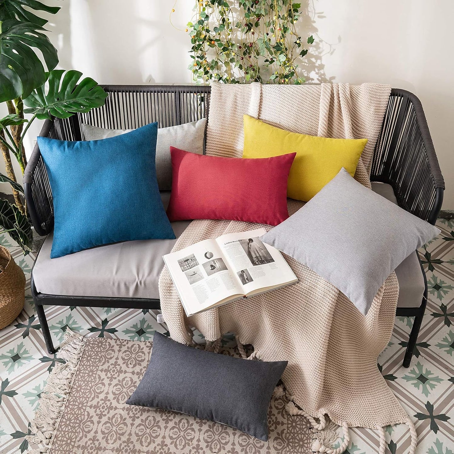 MIULEE Decorative Outdoor Throw Pillow Covers - Waterproof Faux Linen Cushion Cases | 20x12 Inch Dark Grey (Pack of 2)