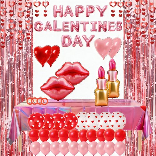 Auihiay Galentines Day Decorations Kit - 130pcs+ Pink Foil Fringe Curtains, Table Cloth, Pink Letter & Heart Balloons, Lips Balloons, Heart Banner Decor for Girls Galentines Day Birthday Party