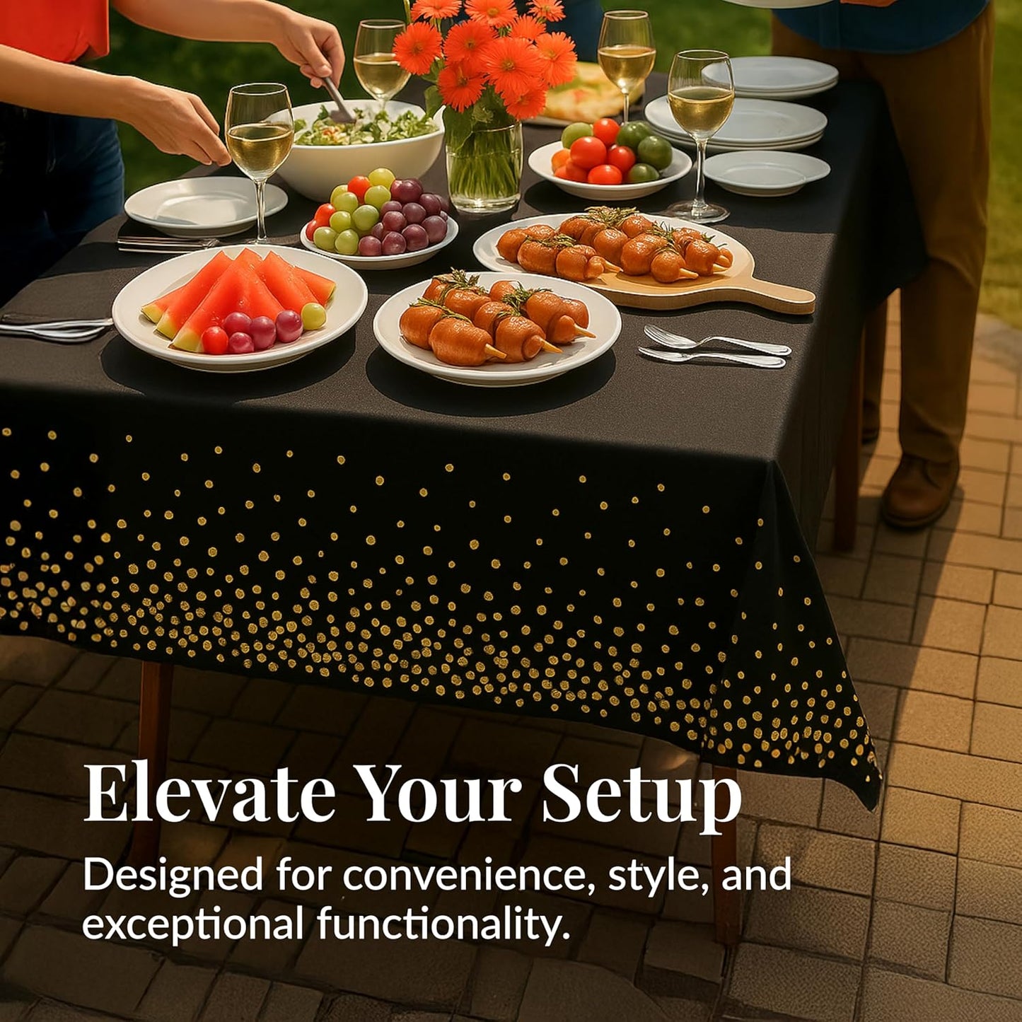 Prestee Gold & Black Rectangle Table Covers - Disposable Plastic Tablecloths 54 x 108 Inches for Parties & Events