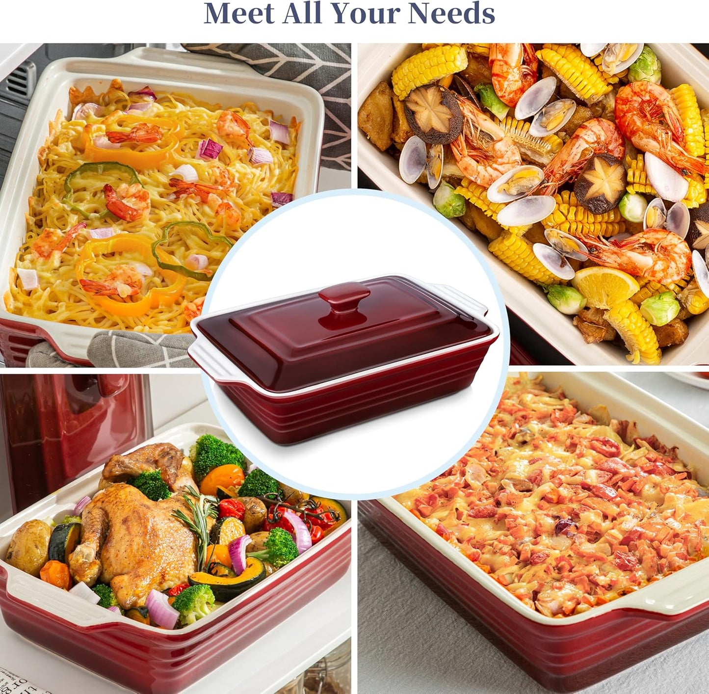 LOVECASA 4.5 Quart Ceramic Casserole Dish - Oven Safe Lasagna Pan with Lid & Handles | Gradient Red