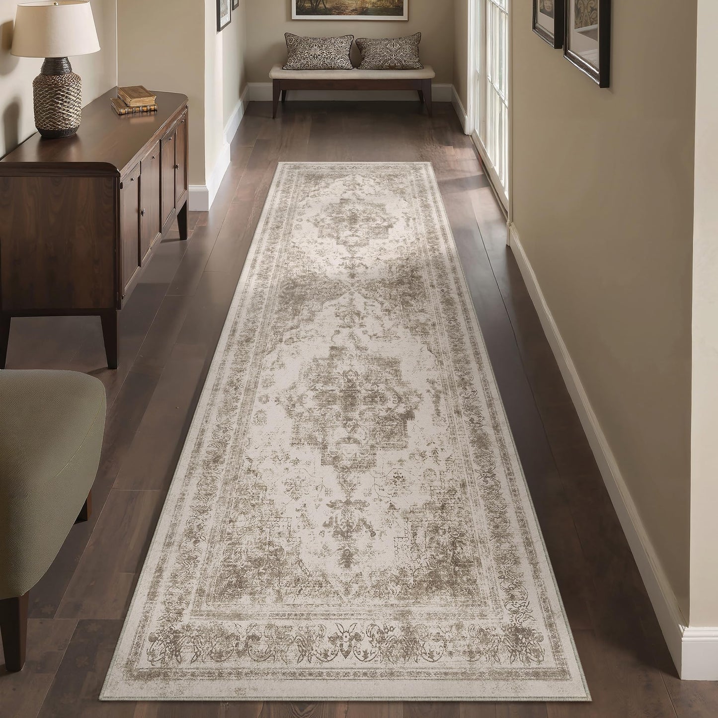 PureCozy Runner Rug 3x10 Vintage Hallway Long Area Carpet Kitchen Indoor Bedroom Taupe Medallion Washable Traditional Retro Accent Throw Rug Non Slip Distressed Office Dining Living Room Bathroom