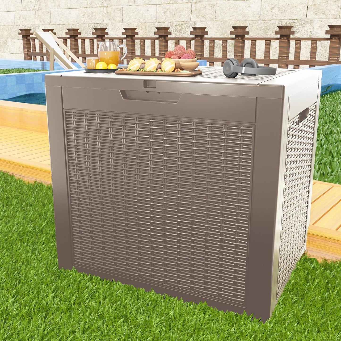 Skiennix 31 Gallon Outdoor Deck Box - Lockable Waterproof Storage for Garden Tools & Cushions | Grey