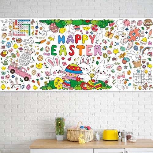 Giant Easter Coloring Tablecloth, 54" x 108" Easter Crafts Table Cloth, Coloring Tablecloth Disposable for Crafts Party Decorations, Rectangular Painting Poster Banner Art Activities with Bunny Eggs